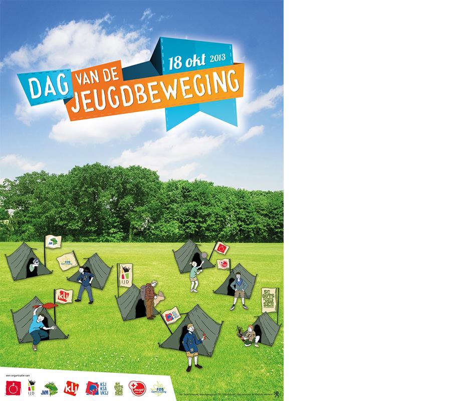 Affiche 2013, jeugdbewegingstentjes op een weide